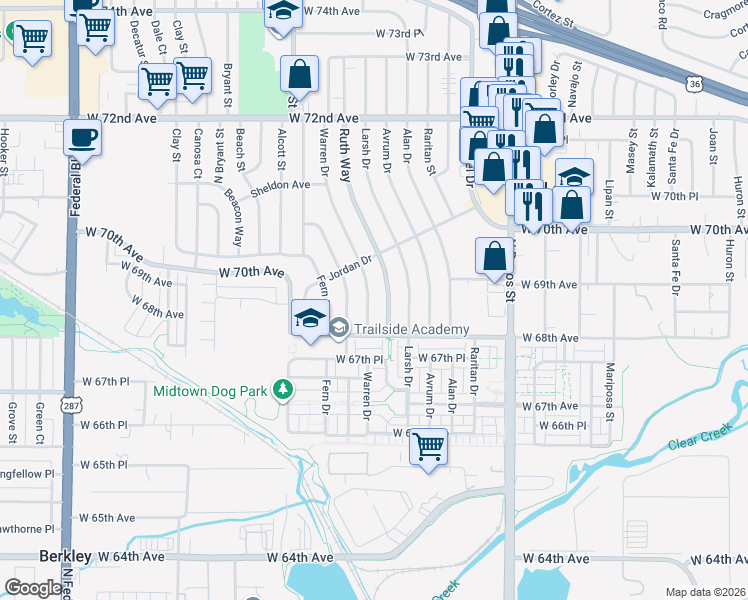 map of restaurants, bars, coffee shops, grocery stores, and more near 6896 Warren Drive in Denver