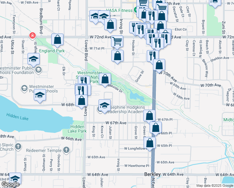 map of restaurants, bars, coffee shops, grocery stores, and more near Creekside Drive in Denver