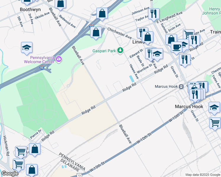 map of restaurants, bars, coffee shops, grocery stores, and more near 1429 Brookside Avenue in Linwood