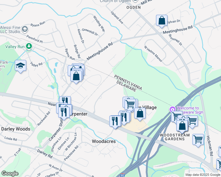 map of restaurants, bars, coffee shops, grocery stores, and more near 4039 Society Drive in Claymont