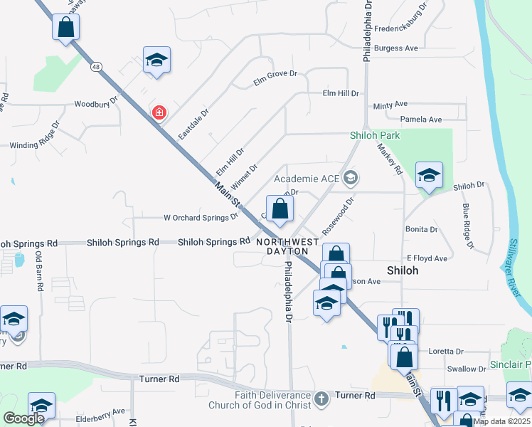 map of restaurants, bars, coffee shops, grocery stores, and more near 24 East Orchard Springs Drive in Dayton