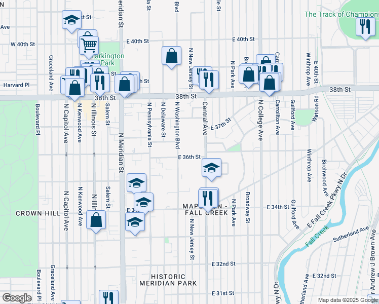 map of restaurants, bars, coffee shops, grocery stores, and more near 3650 Central Avenue in Indianapolis