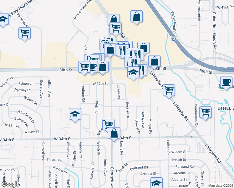 map of restaurants, bars, coffee shops, grocery stores, and more near 3648 Lowry Road in Indianapolis
