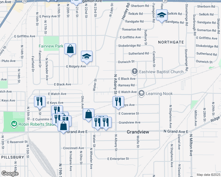 map of restaurants, bars, coffee shops, grocery stores, and more near 1721 North Albany Street in Springfield