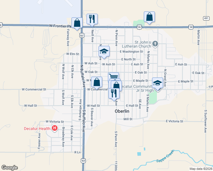 map of restaurants, bars, coffee shops, grocery stores, and more near 153-199 West Maple Street in Oberlin