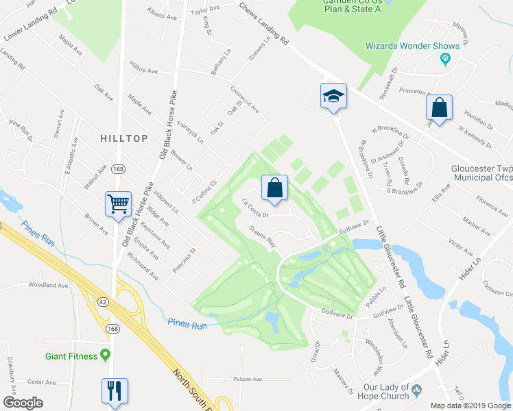 map of restaurants, bars, coffee shops, grocery stores, and more near 90 La Costa Drive in Camden County