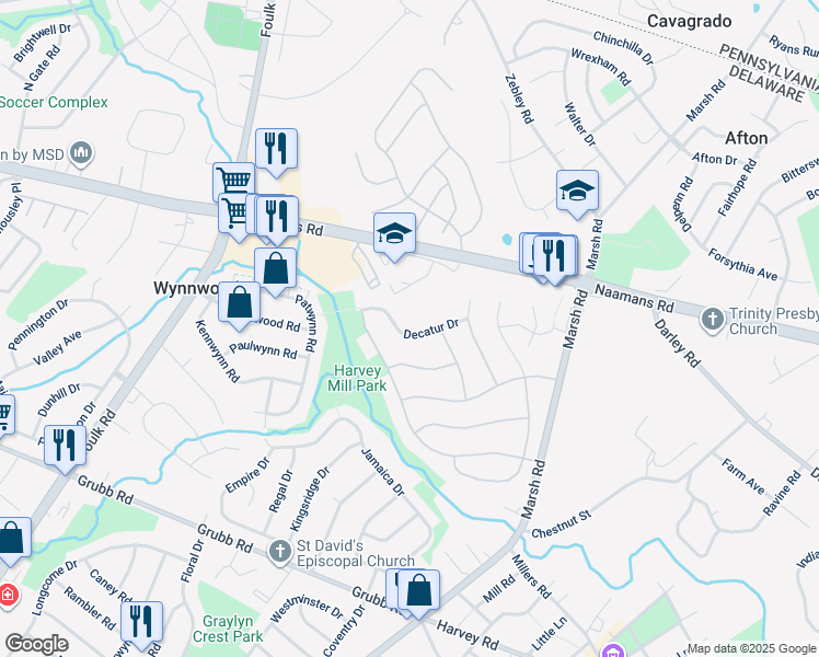 map of restaurants, bars, coffee shops, grocery stores, and more near 2227 Decatur Drive in Wilmington