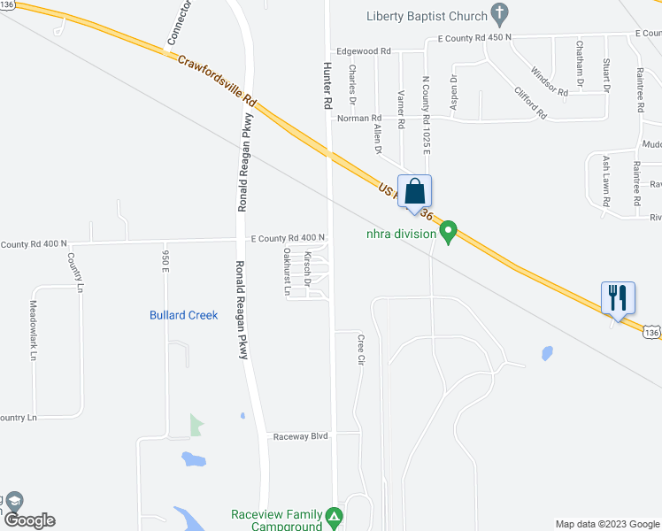 map of restaurants, bars, coffee shops, grocery stores, and more near 9898 Big Horn Drive in Brownsburg