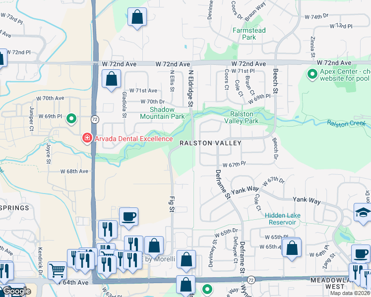 map of restaurants, bars, coffee shops, grocery stores, and more near 14055 West 68th Avenue in Arvada