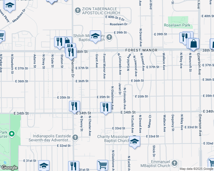 map of restaurants, bars, coffee shops, grocery stores, and more near 3602 North Gladstone Avenue in Indianapolis