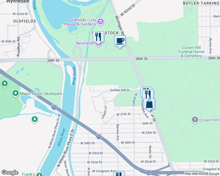map of restaurants, bars, coffee shops, grocery stores, and more near 1212 Golden Hill Drive in Indianapolis