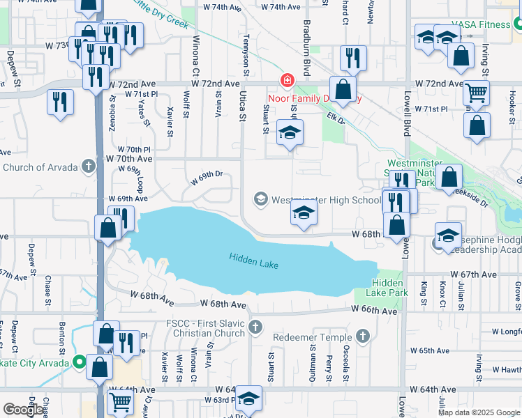 map of restaurants, bars, coffee shops, grocery stores, and more near 6933 Raleigh Street in Westminster