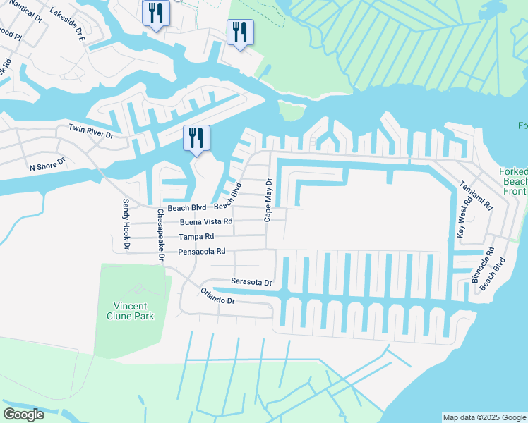 map of restaurants, bars, coffee shops, grocery stores, and more near 1017 Inland Road in Forked River