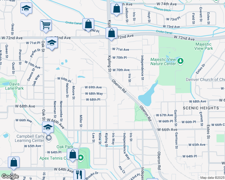map of restaurants, bars, coffee shops, grocery stores, and more near 6893 Johnson Street in Arvada