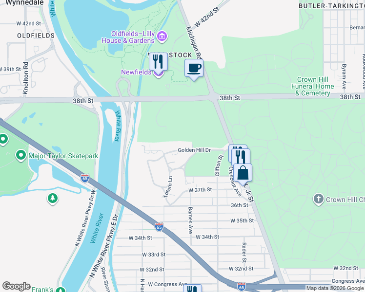 map of restaurants, bars, coffee shops, grocery stores, and more near 1212 Golden Hill Drive in Indianapolis