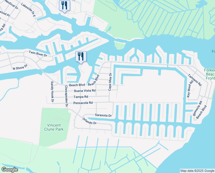 map of restaurants, bars, coffee shops, grocery stores, and more near 1017 Inland Road in Forked River