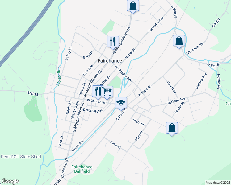 map of restaurants, bars, coffee shops, grocery stores, and more near 2-98 Kopas Lane in Fairchance