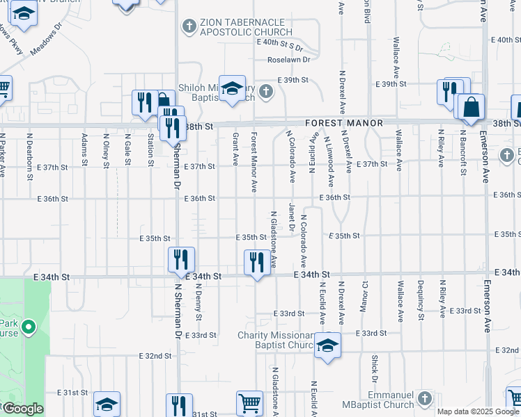 map of restaurants, bars, coffee shops, grocery stores, and more near 3602 North Gladstone Avenue in Indianapolis