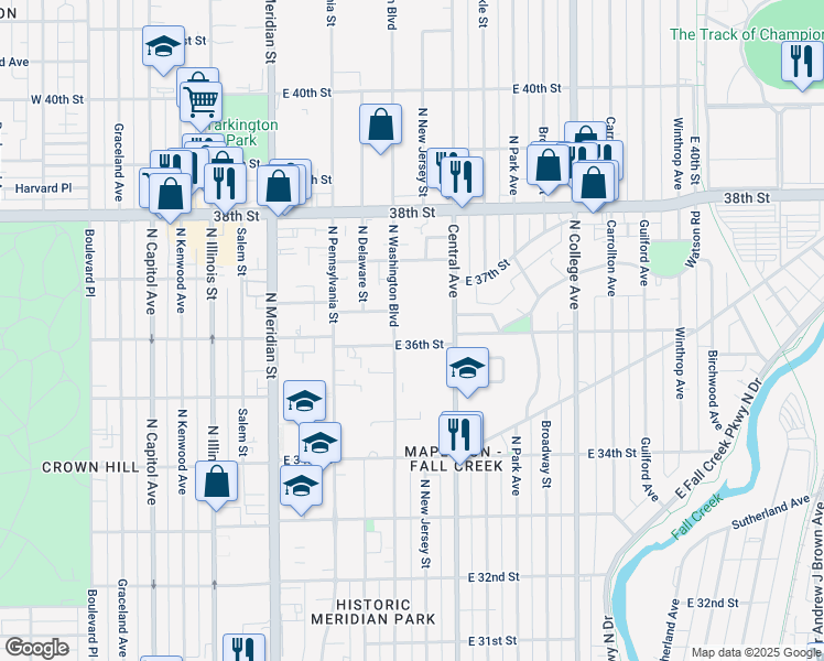map of restaurants, bars, coffee shops, grocery stores, and more near 3650 Central Avenue in Indianapolis