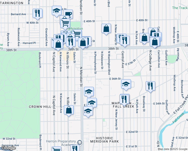 map of restaurants, bars, coffee shops, grocery stores, and more near 102 Penway Street in Indianapolis