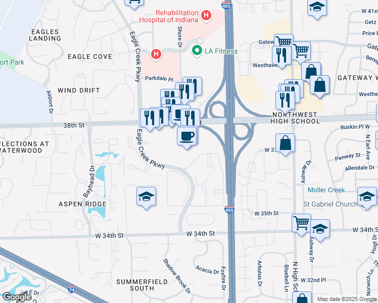 map of restaurants, bars, coffee shops, grocery stores, and more near 6925 West 38th Street in Indianapolis
