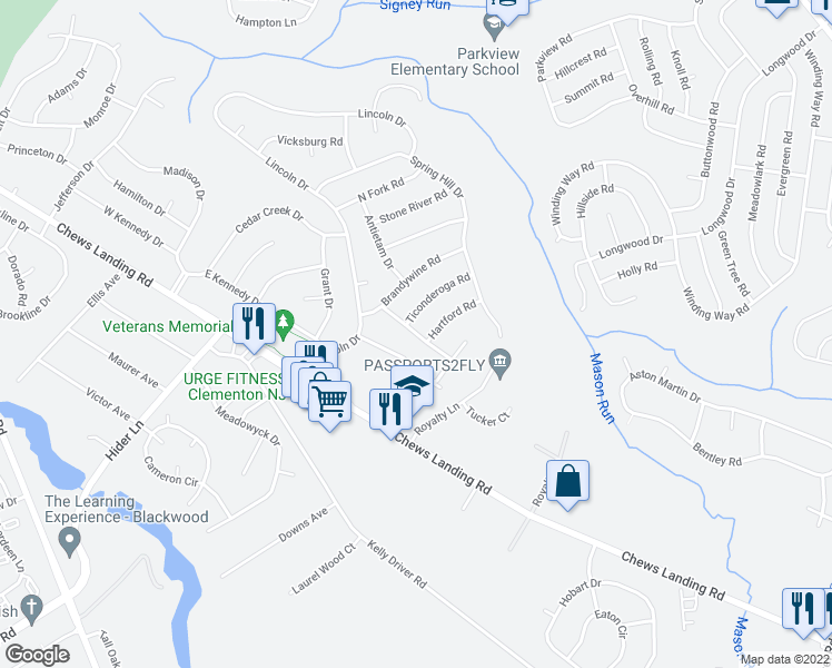 map of restaurants, bars, coffee shops, grocery stores, and more near 8 Appomattox Drive in Clementon