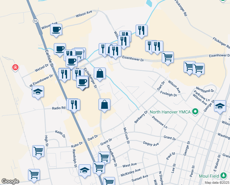map of restaurants, bars, coffee shops, grocery stores, and more near 1109 Roosevelt Court in Hanover