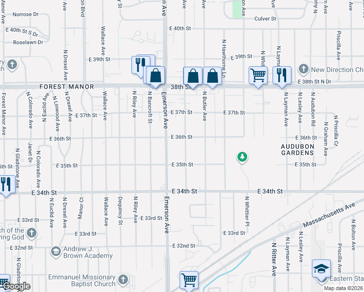 map of restaurants, bars, coffee shops, grocery stores, and more near 3562 North Leland Avenue in Indianapolis