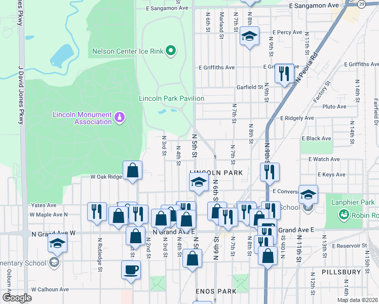 map of restaurants, bars, coffee shops, grocery stores, and more near in Springfield