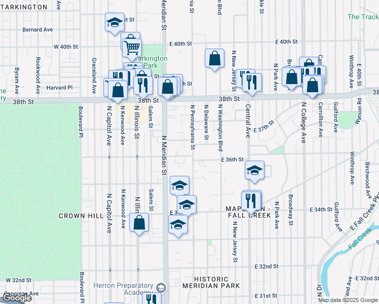 map of restaurants, bars, coffee shops, grocery stores, and more near 102 Penway Street in Indianapolis