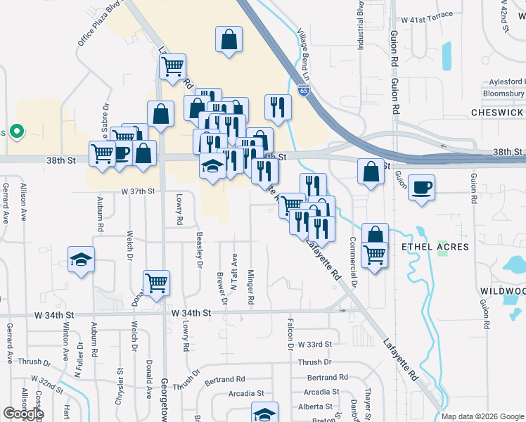 map of restaurants, bars, coffee shops, grocery stores, and more near 3706 Lafayette Road in Indianapolis