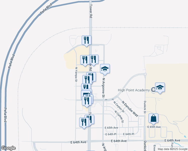 map of restaurants, bars, coffee shops, grocery stores, and more near 6890 Tower Road in Denver