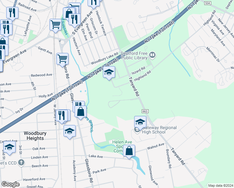 map of restaurants, bars, coffee shops, grocery stores, and more near 761 Quail Place in Deptford Township