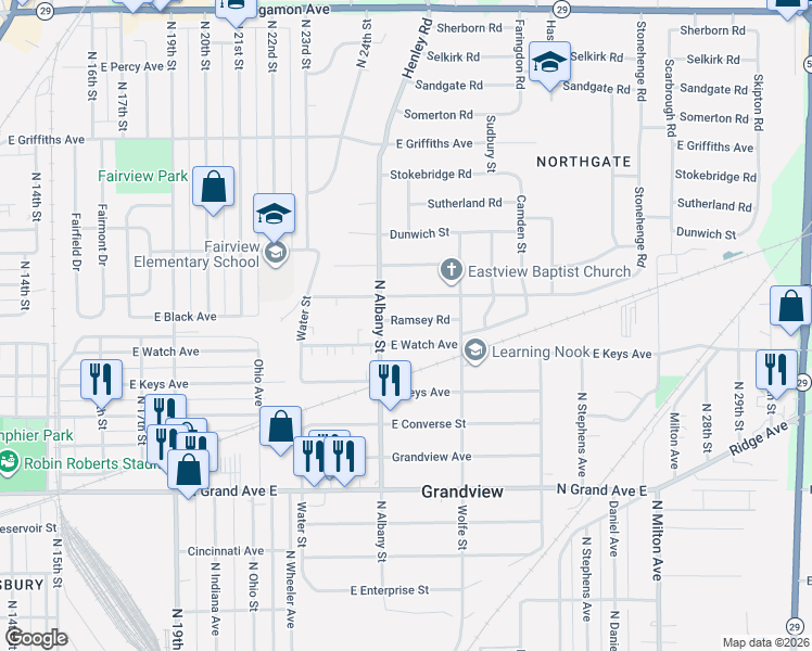 map of restaurants, bars, coffee shops, grocery stores, and more near 2229 Ramsey Road in Springfield