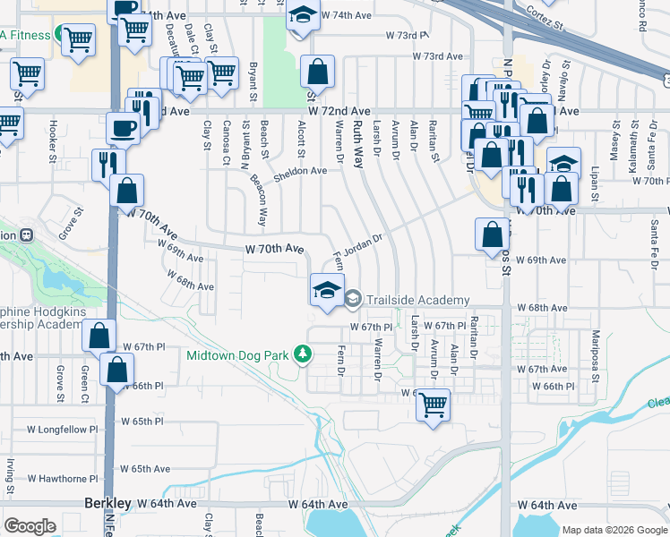 map of restaurants, bars, coffee shops, grocery stores, and more near 6891 Jordan Drive in Denver