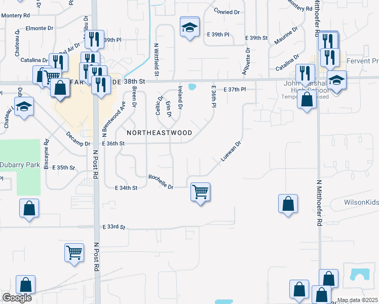 map of restaurants, bars, coffee shops, grocery stores, and more near 9335 East 36th Street in Indianapolis