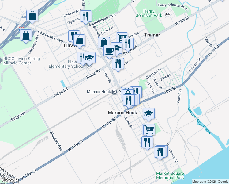 map of restaurants, bars, coffee shops, grocery stores, and more near 20 West 12th Street in Marcus Hook