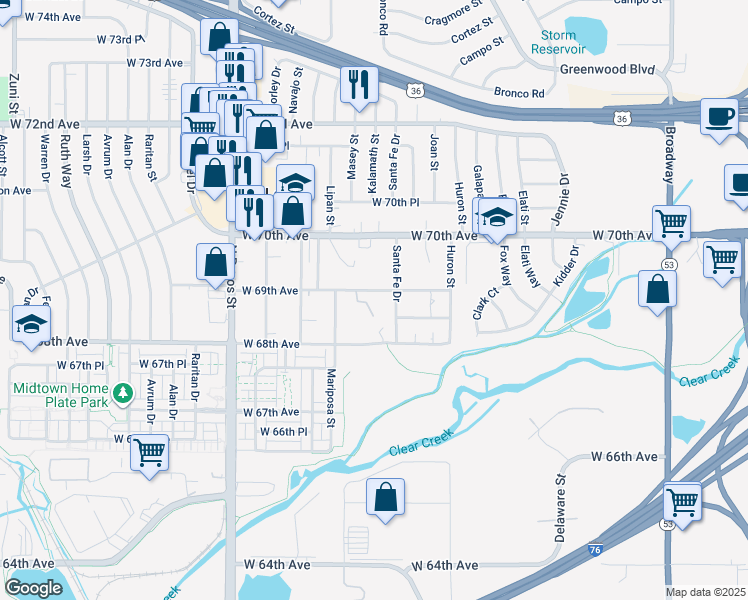map of restaurants, bars, coffee shops, grocery stores, and more near 1091 West 69th Avenue in Denver