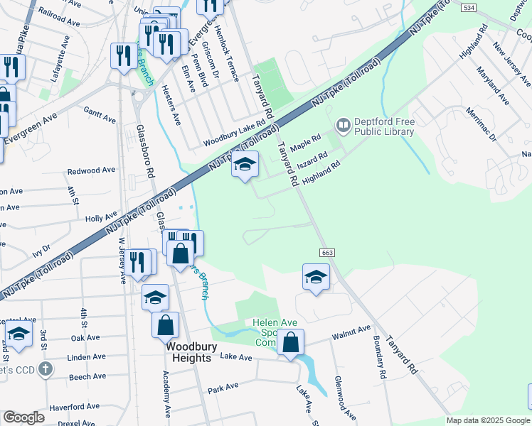 map of restaurants, bars, coffee shops, grocery stores, and more near 745 Quail Place in Deptford