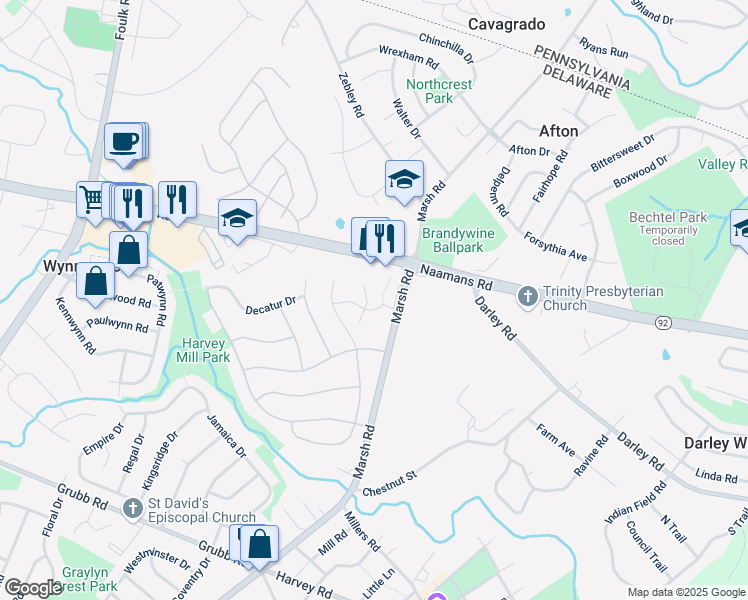 map of restaurants, bars, coffee shops, grocery stores, and more near 1720 Naamans Road in Wilmington
