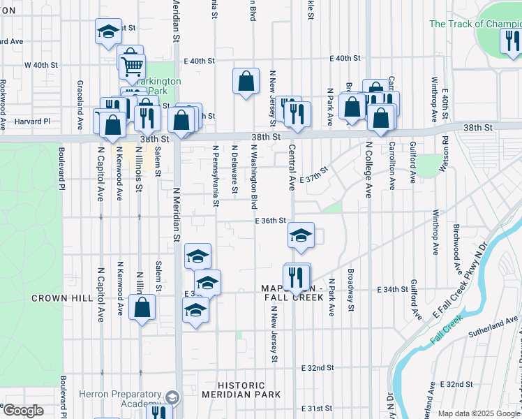 map of restaurants, bars, coffee shops, grocery stores, and more near 3650 Central Avenue in Indianapolis