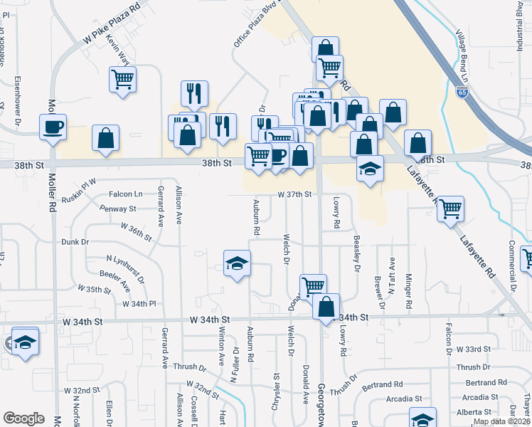 map of restaurants, bars, coffee shops, grocery stores, and more near 3650 Auburn Road in Indianapolis