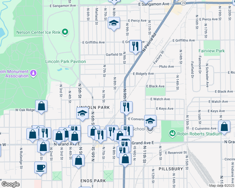 map of restaurants, bars, coffee shops, grocery stores, and more near 806 North Peoria Road in Springfield