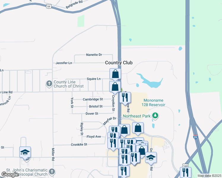 map of restaurants, bars, coffee shops, grocery stores, and more near 6111-61 Pinto Lane in Country Club