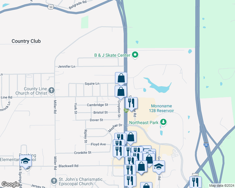 map of restaurants, bars, coffee shops, grocery stores, and more near 6119 Pinto Lane in Country Club