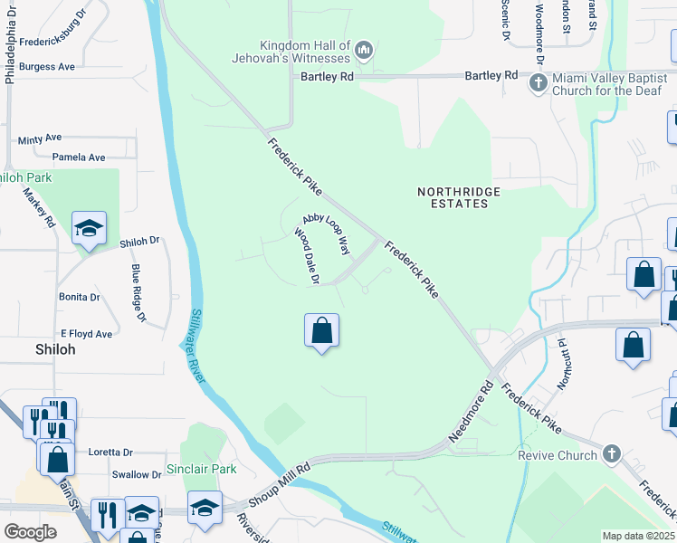 map of restaurants, bars, coffee shops, grocery stores, and more near 5165 Rivers Edge Boulevard in Dayton