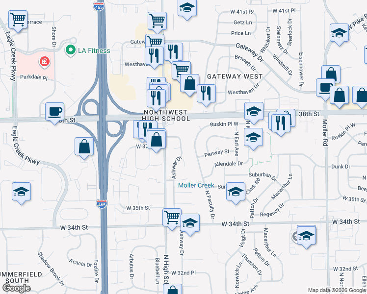 map of restaurants, bars, coffee shops, grocery stores, and more near 3708 North Faculty Drive in Indianapolis