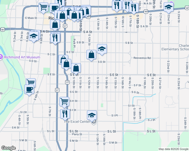 map of restaurants, bars, coffee shops, grocery stores, and more near 450 South 13th Street in Richmond
