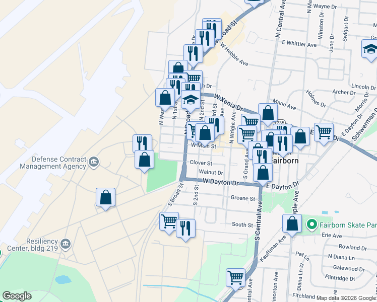 map of restaurants, bars, coffee shops, grocery stores, and more near 519 West Main Street in Fairborn
