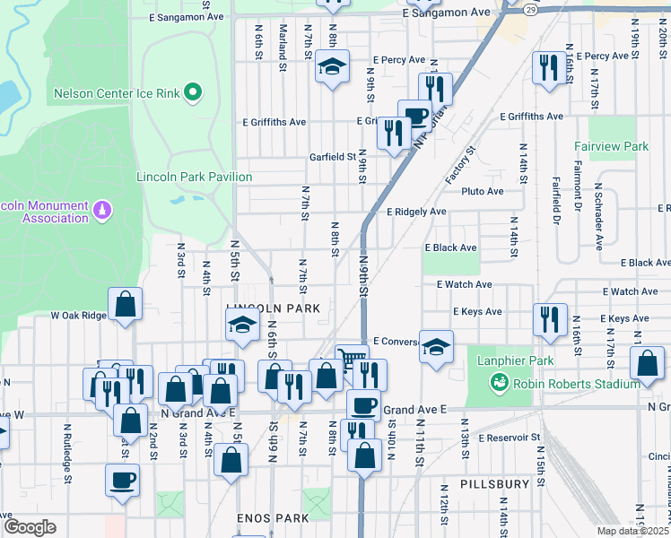 map of restaurants, bars, coffee shops, grocery stores, and more near North 8th Street in Grandview